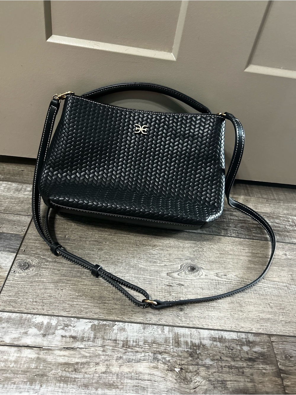 Black Sam Edelman Eva woven satchel shoulder purse bag crossbody brass